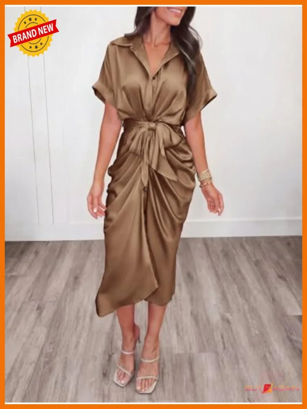 Women's Business Casual Maxi Dress Short Sleeve Button Down Satin